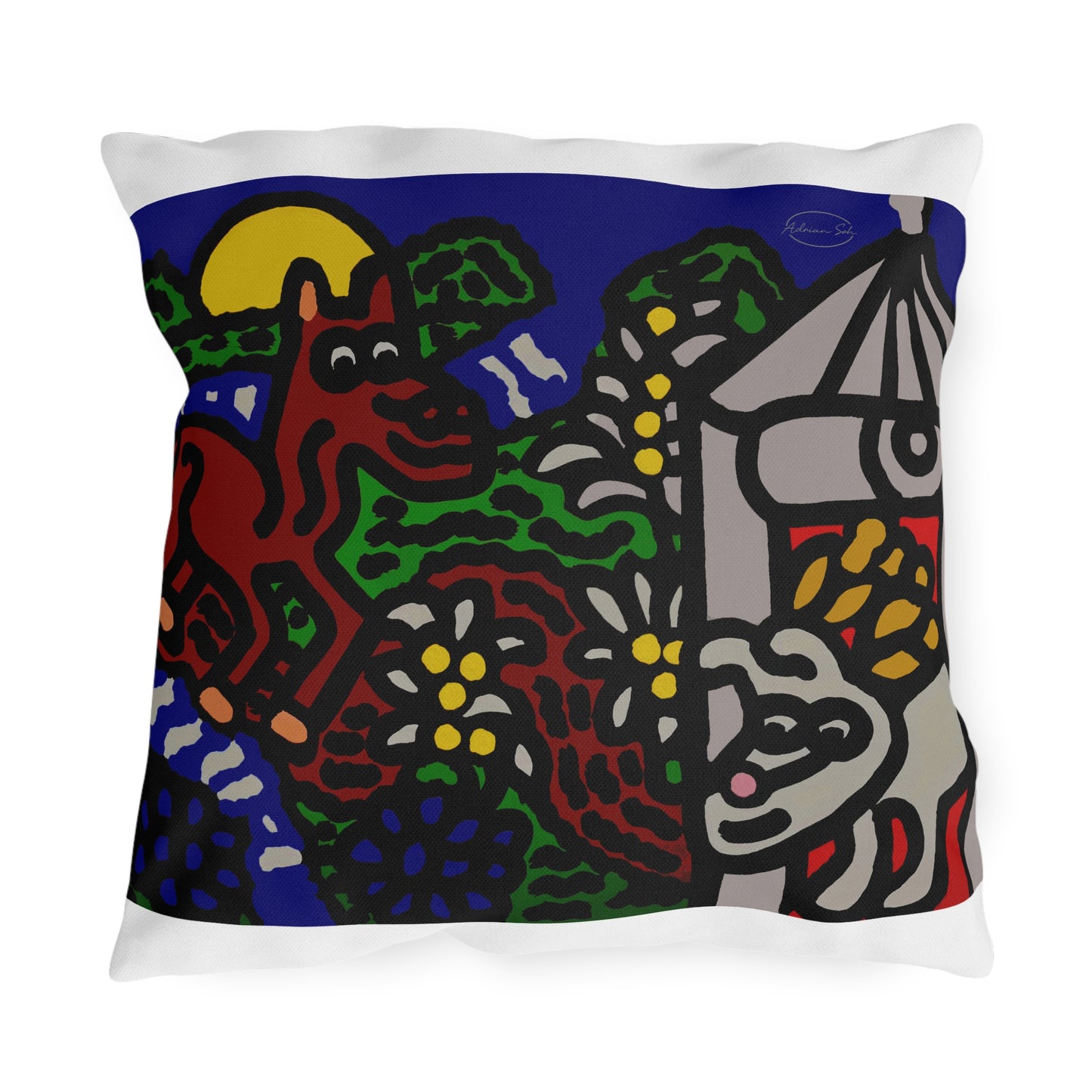Bunny welcoming a friendly horse on his journey — Outdoor Pillow