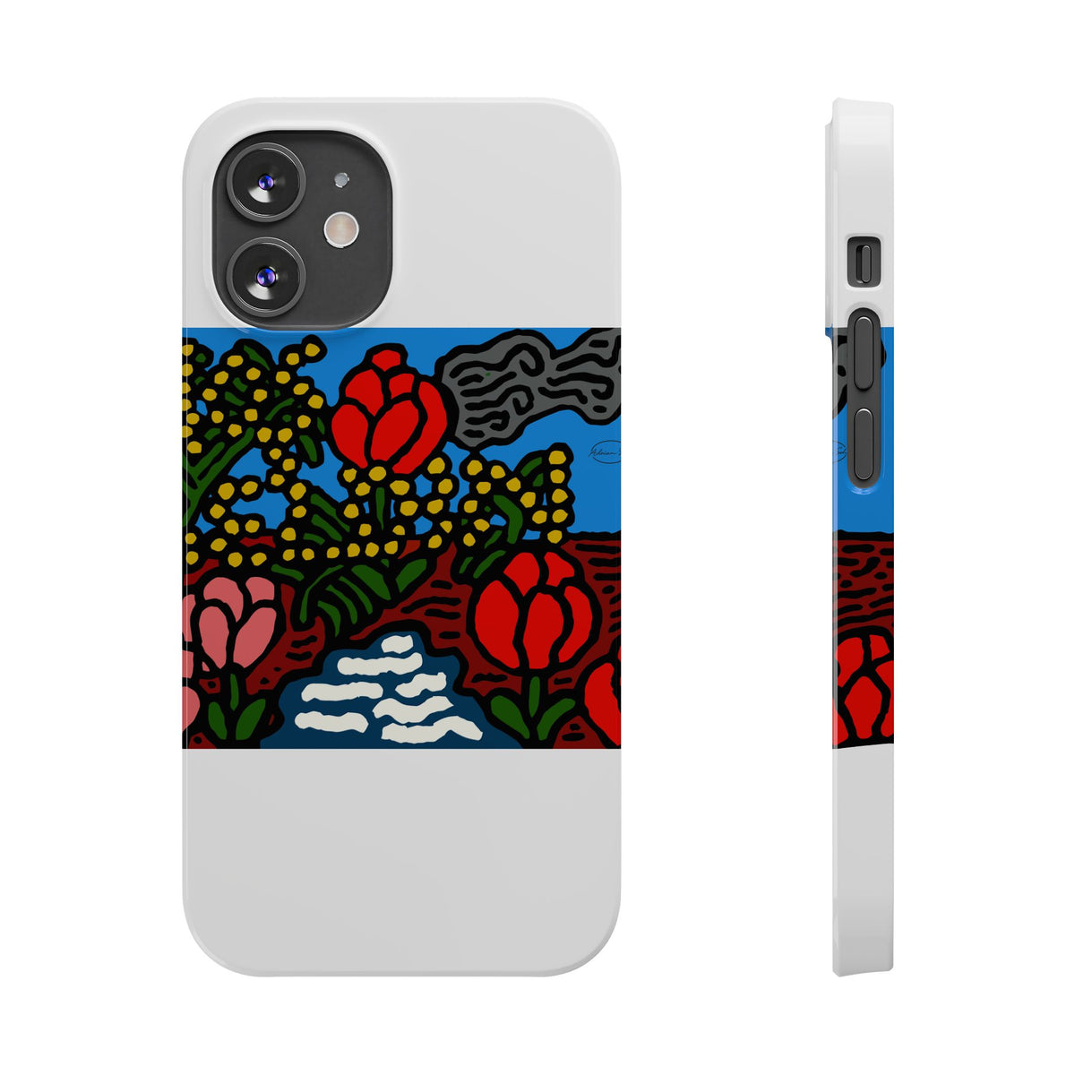 A field of tulips next to a wattle Slim Phone Case