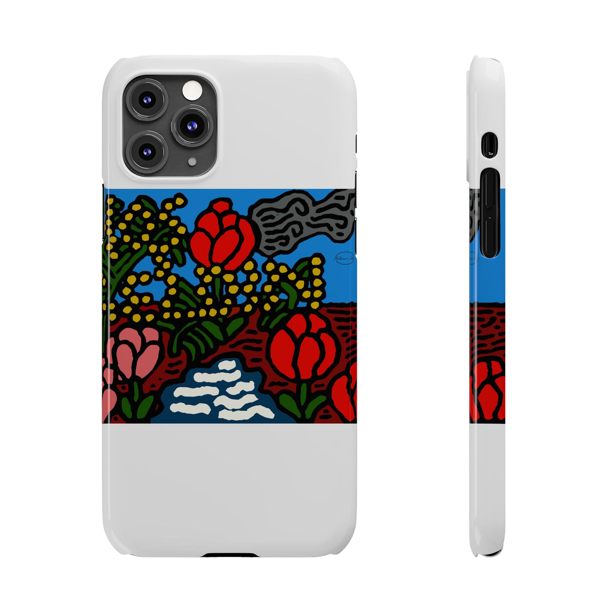 A field of tulips next to a wattle Slim Phone Case