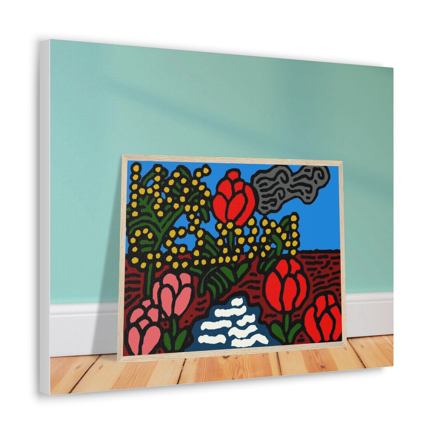 A field of tulips next to a wattle Canvas (Large)