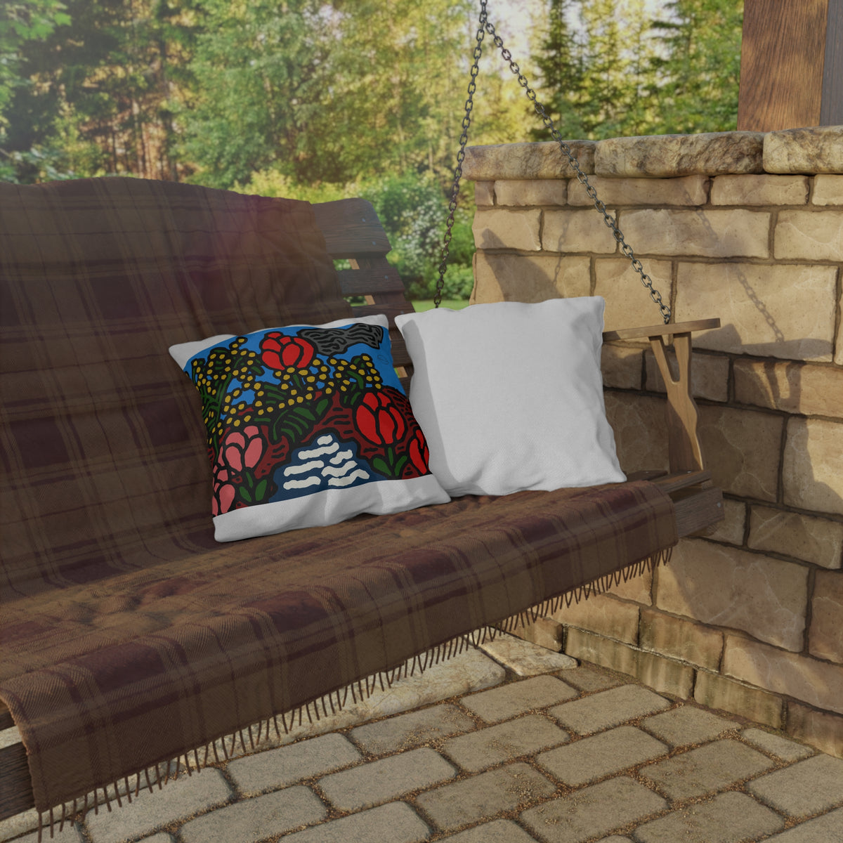 A field of tulips next to a wattle — Outdoor Pillow