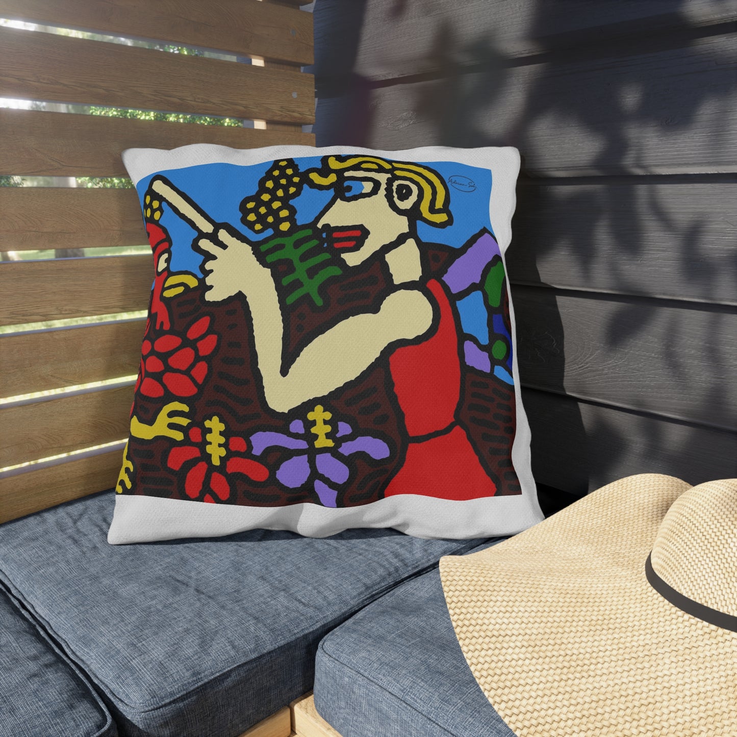 The hen gaining a blessing from a fairy — Outdoor Pillow