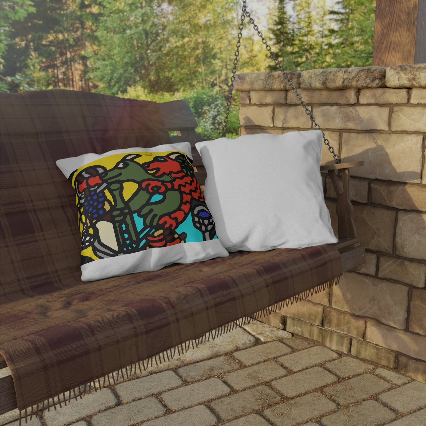 Two dragons enjoying a feast together — Outdoor Pillow