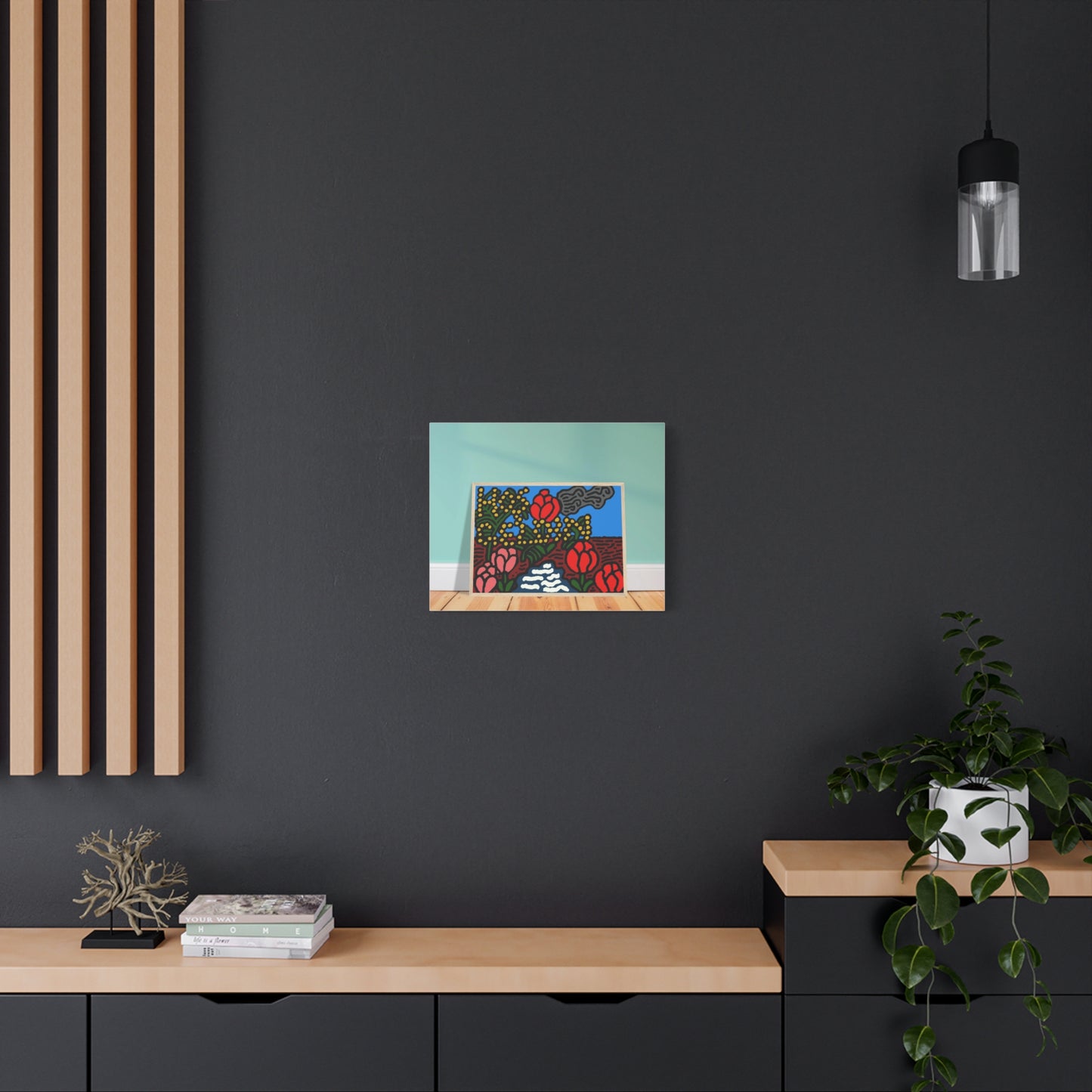 A field of tulips next to a wattle Canvas (Large)