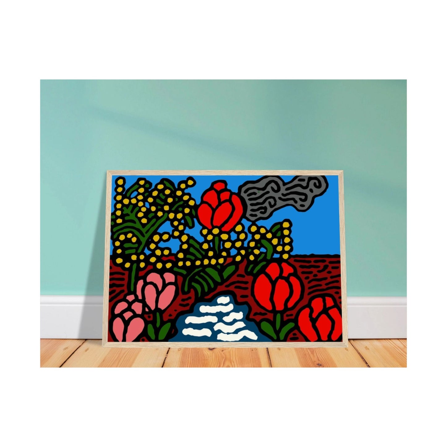A field of tulips next to a wattle Matte Poster Horizontal (Small)