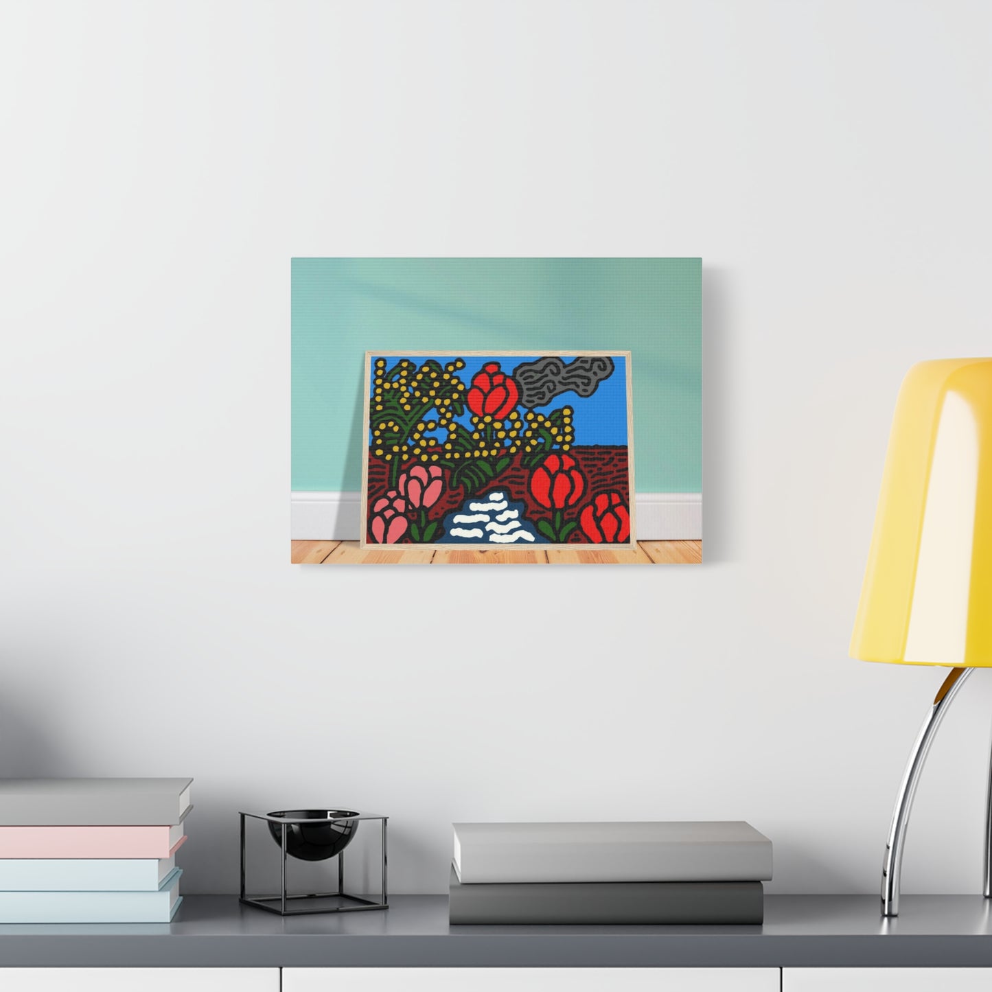 A field of tulips next to a wattle Canvas (Small)