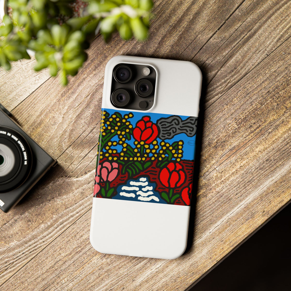 A field of tulips next to a wattle Slim Phone Case