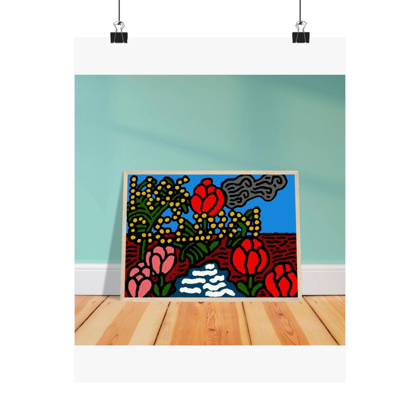 A field of tulips next to a wattle Matte Poster Vertical (Small)