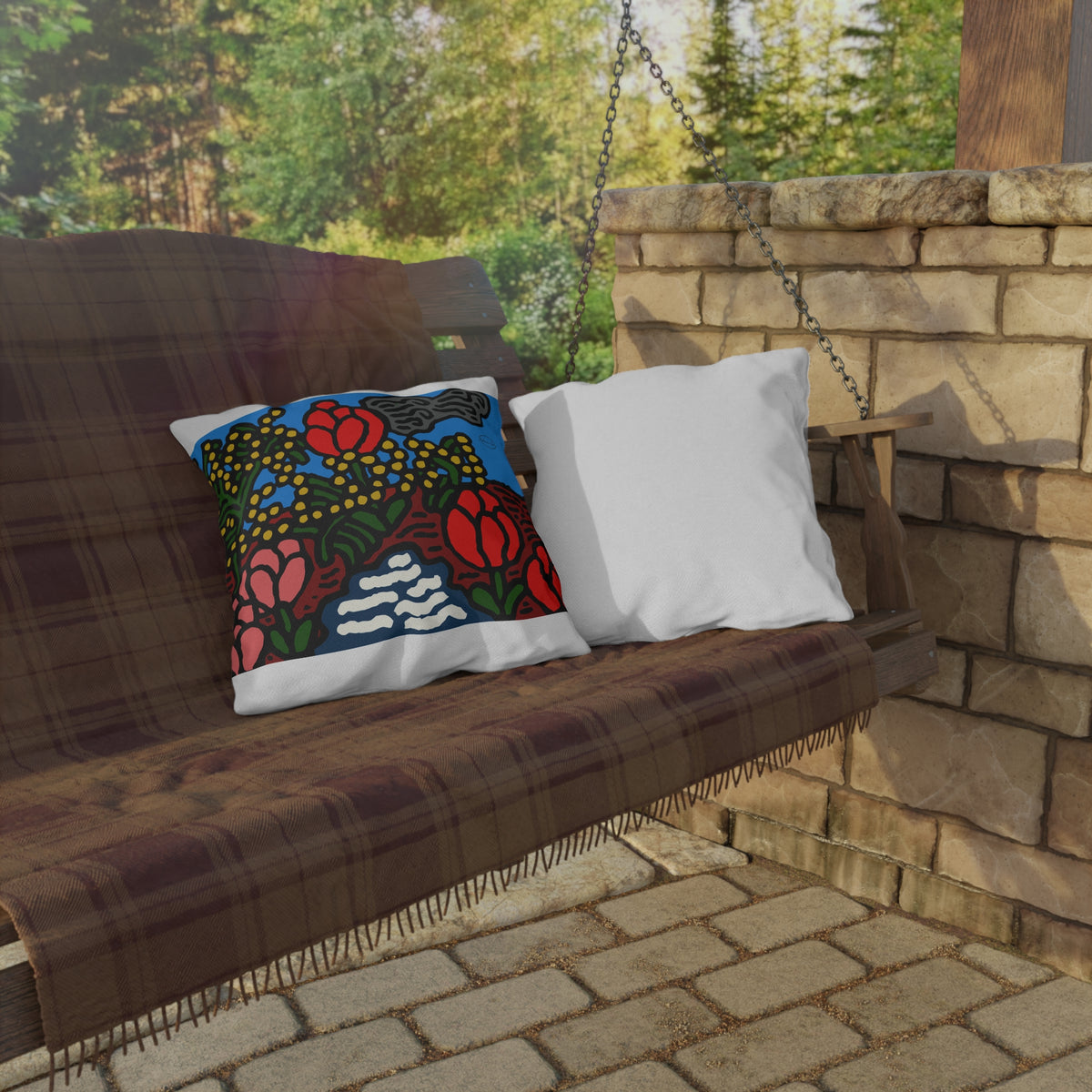 A field of tulips next to a wattle — Outdoor Pillow