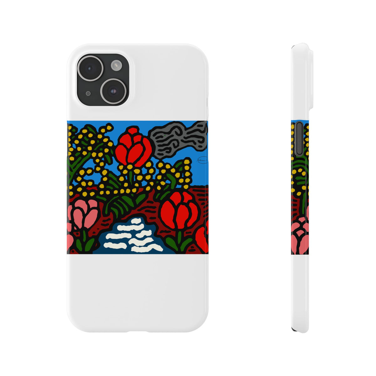 A field of tulips next to a wattle Slim Phone Case