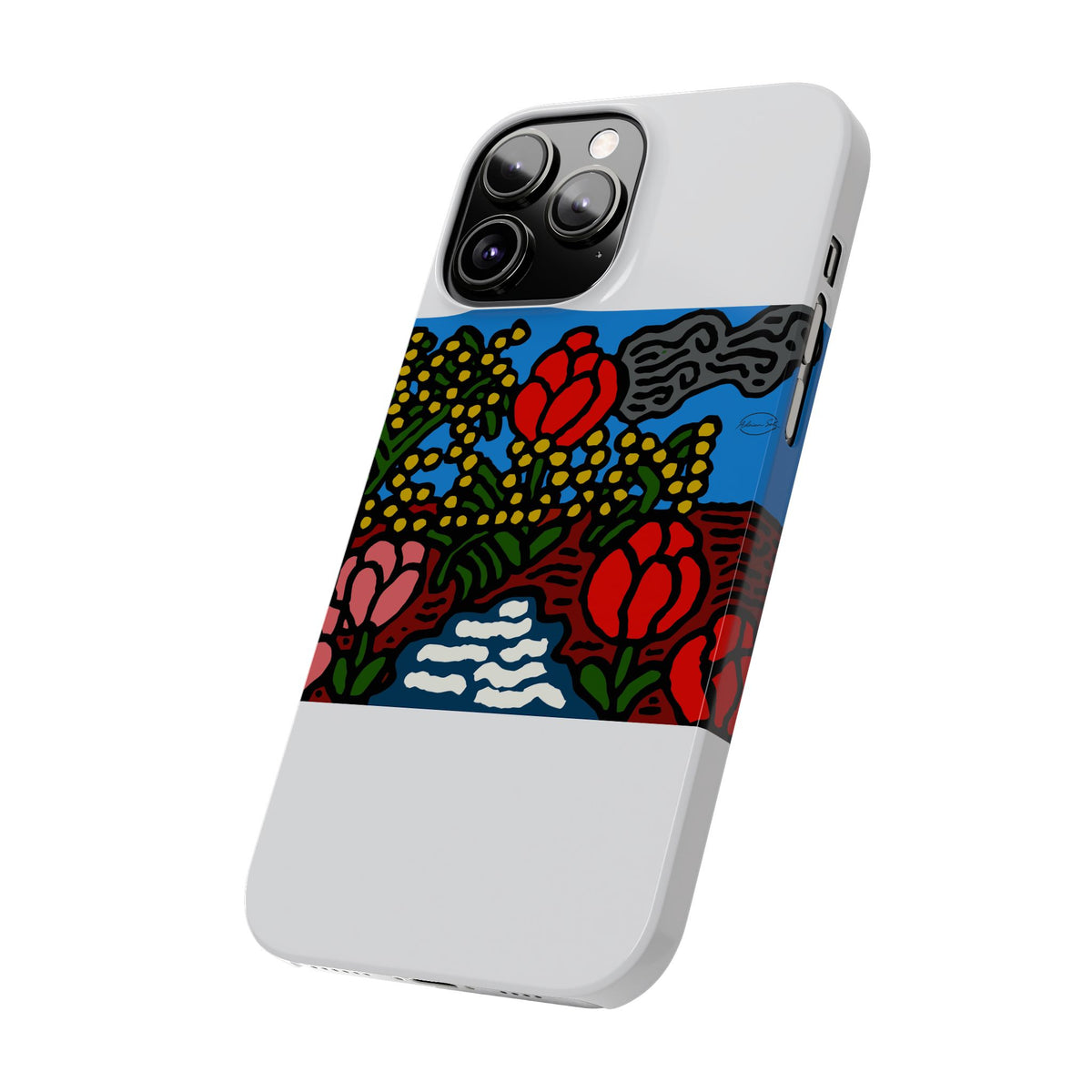 A field of tulips next to a wattle Slim Phone Case