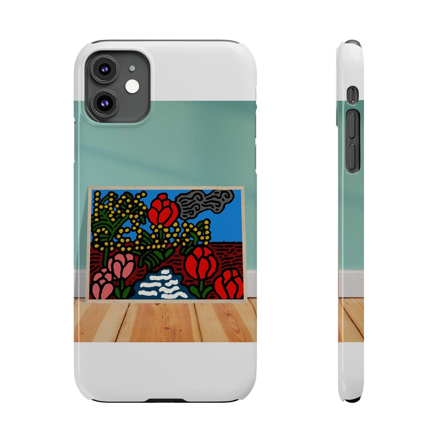 A field of tulips next to a wattle Slim Phone Case