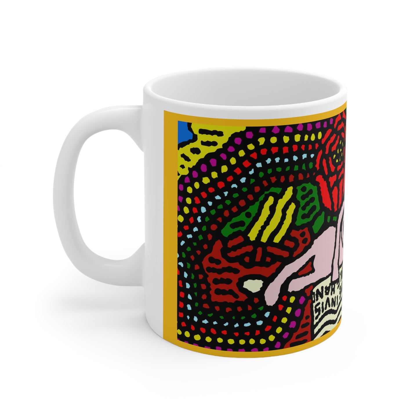 Colorful Folk Art Ceramic Mug — Playful Reading Character & Rose Illustration, 11oz - Enjoying life after a long journey