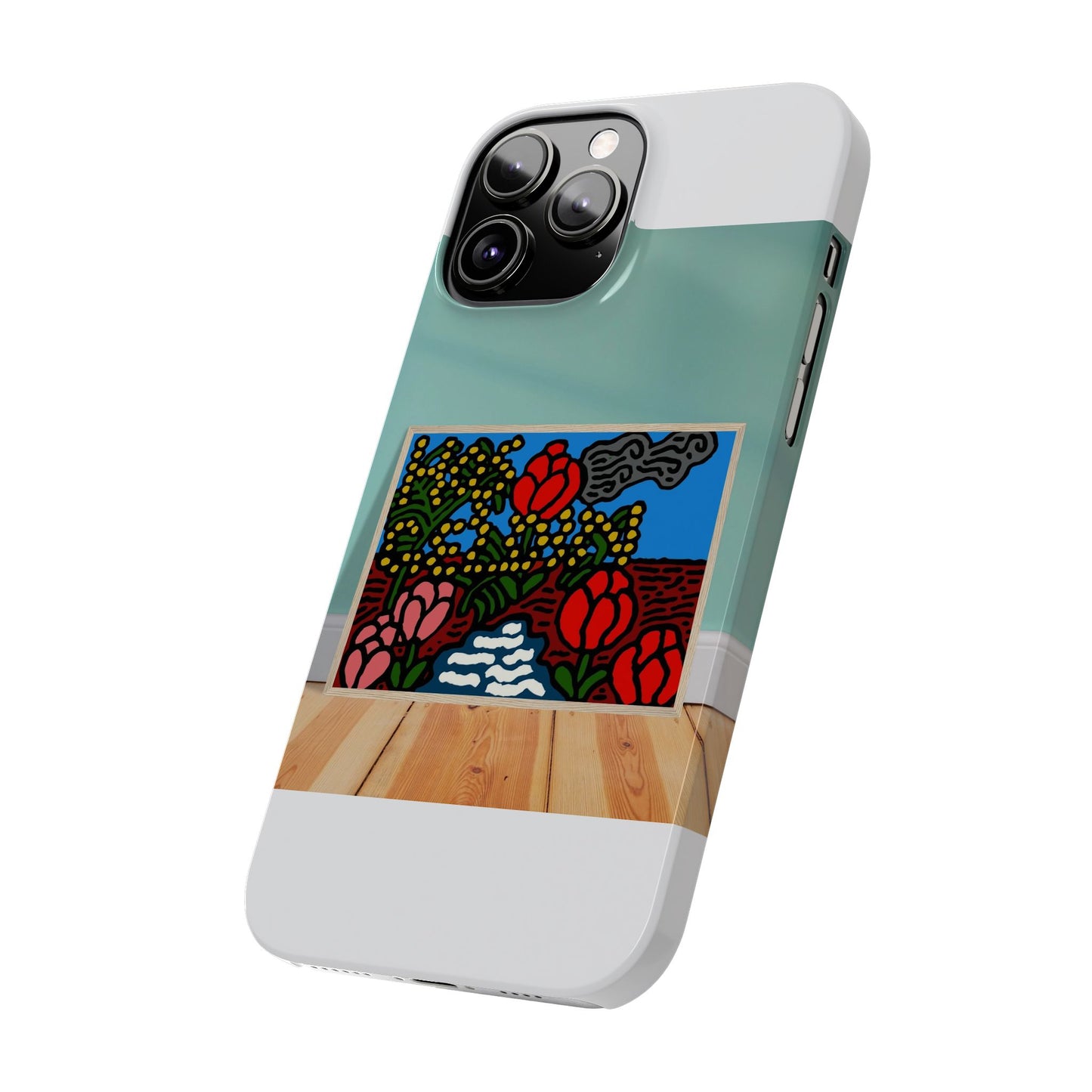 A field of tulips next to a wattle Slim Phone Case