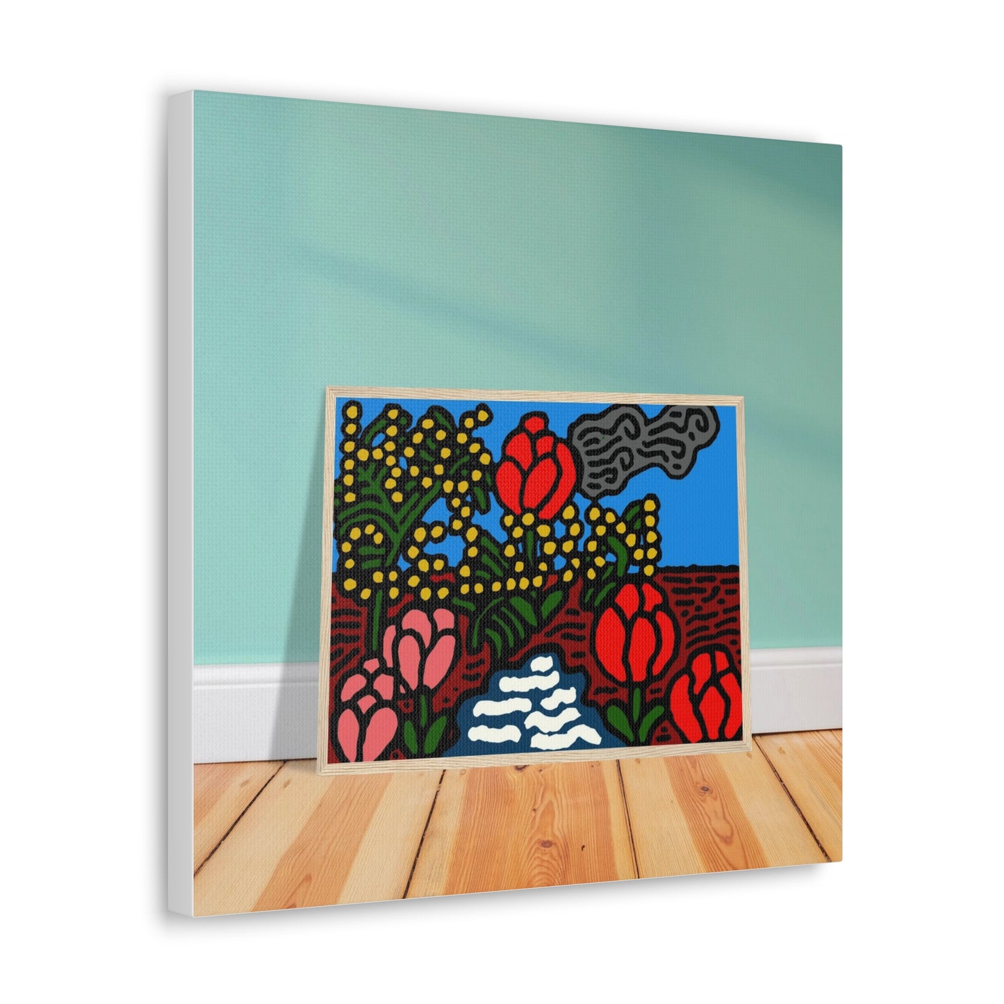 A field of tulips next to a wattle Canvas (Small)