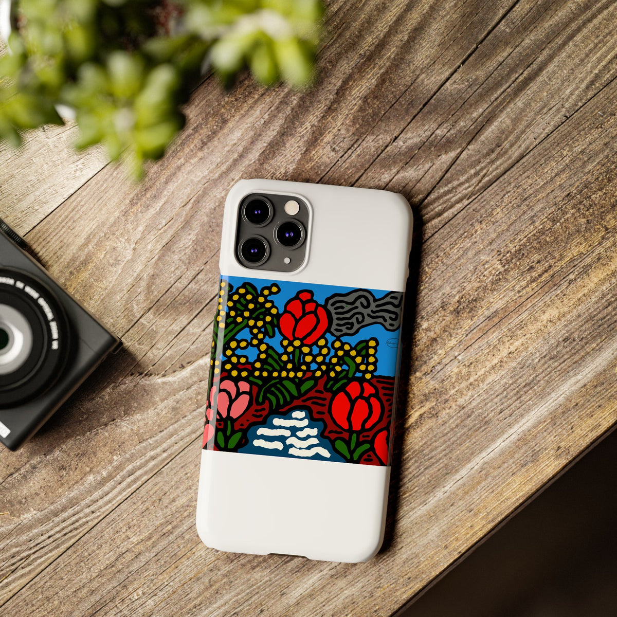 A field of tulips next to a wattle Slim Phone Case