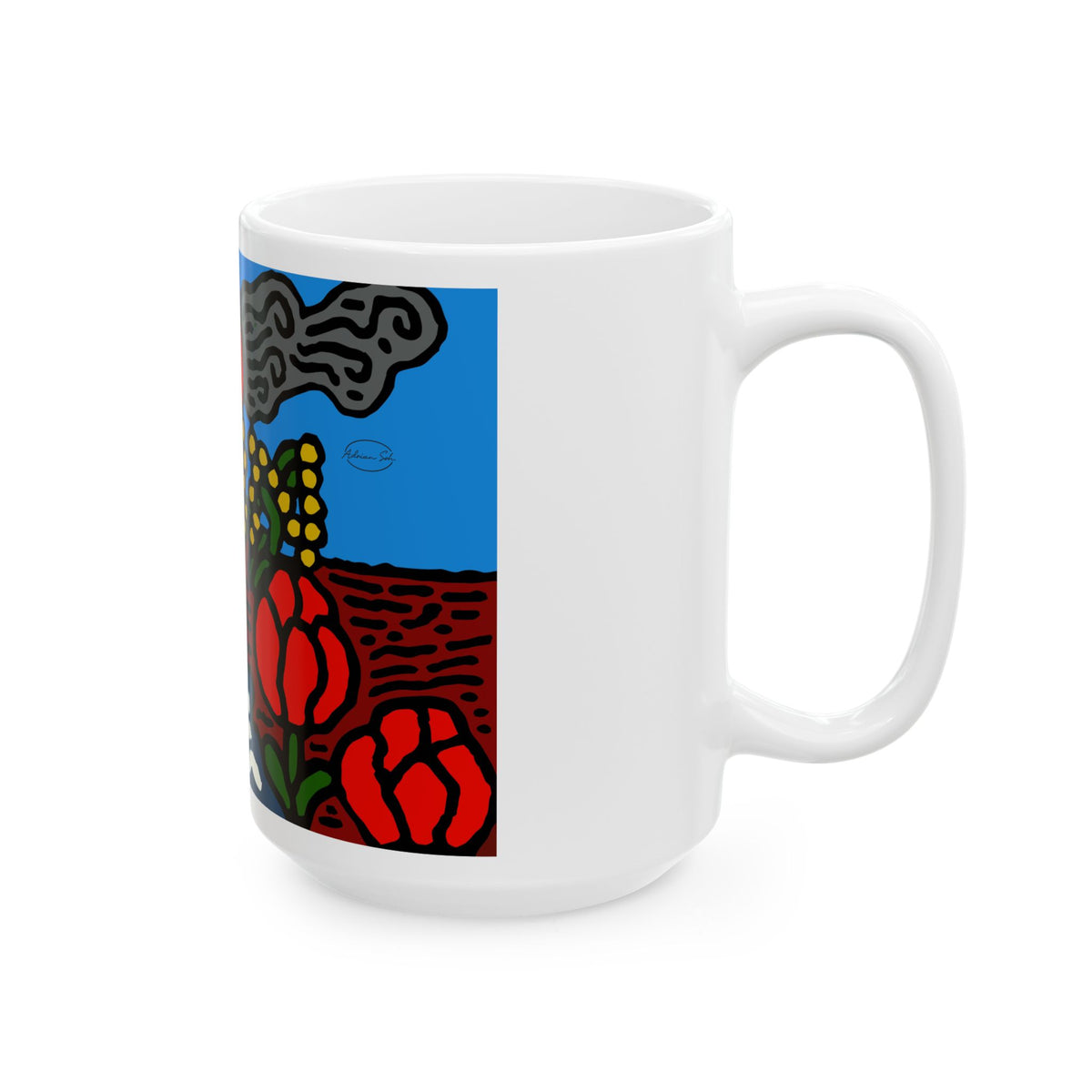 A field of tulips next to a wattle Ceramic Mug