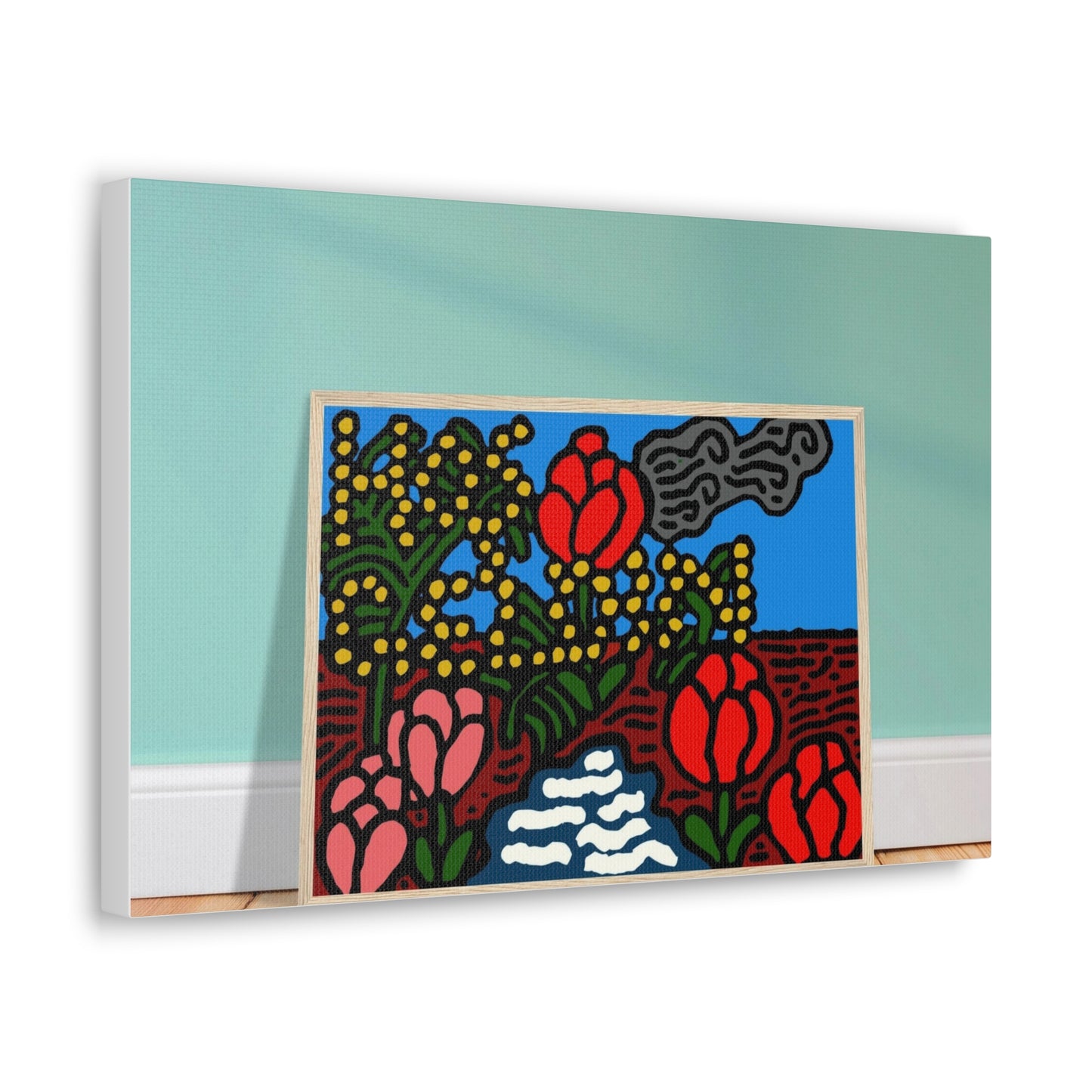 A field of tulips next to a wattle Canvas (Small)