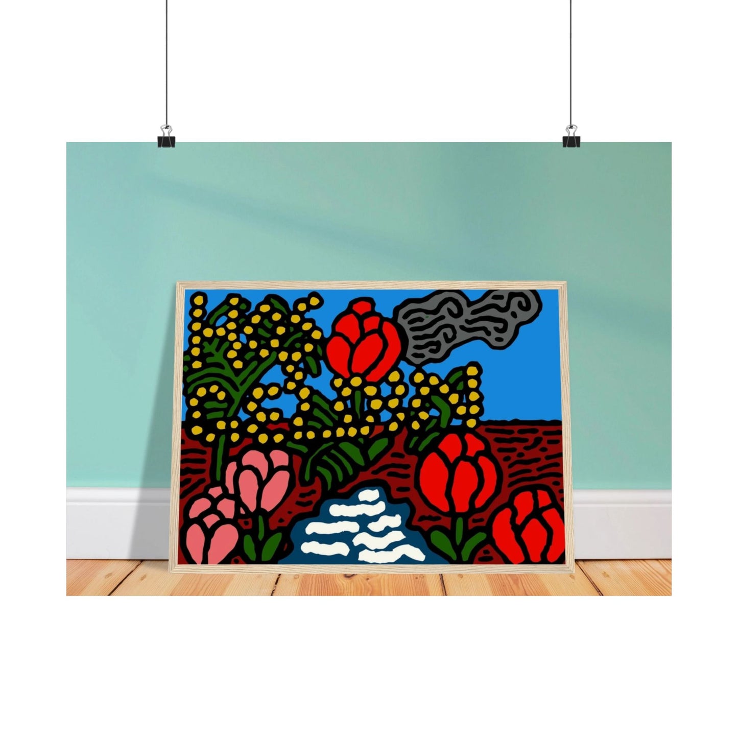 A field of tulips next to a wattle Matte Poster Horizontal (Large)