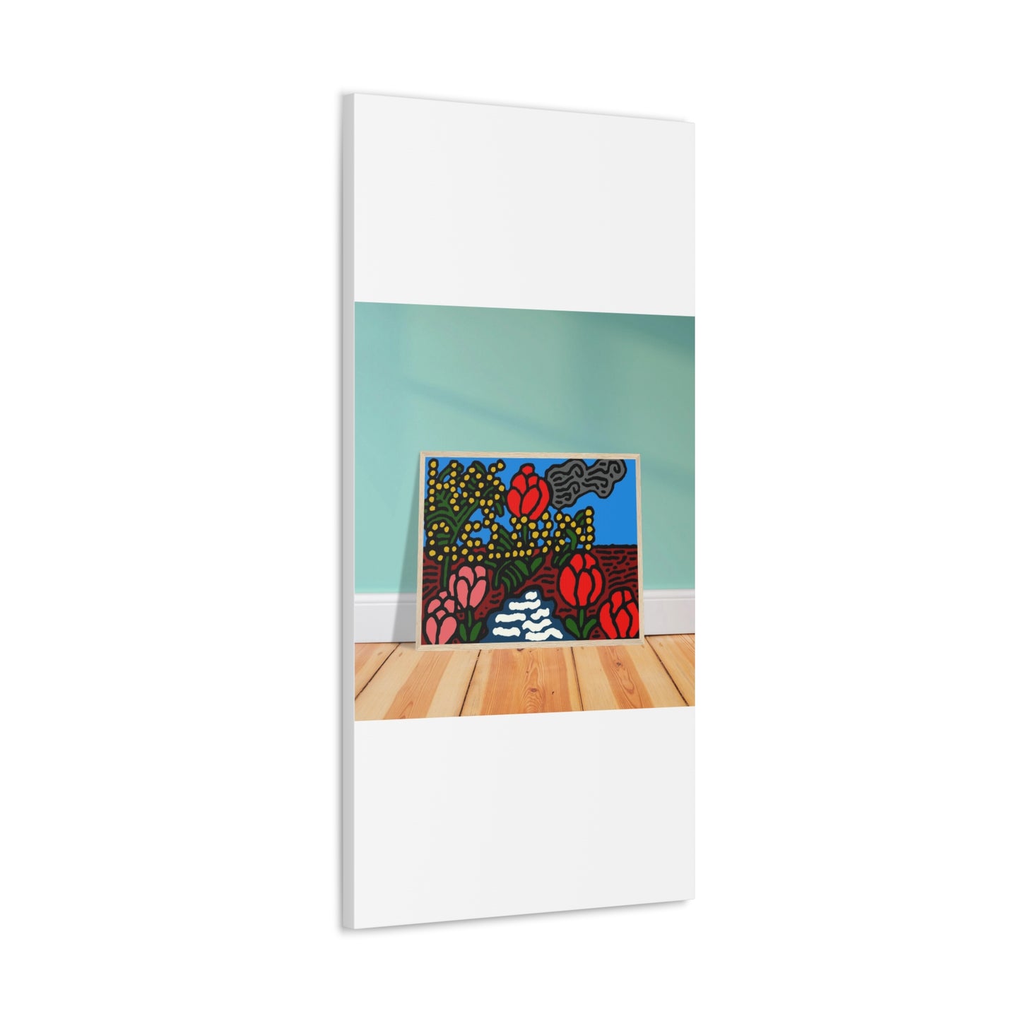A field of tulips next to a wattle Canvas (Large)