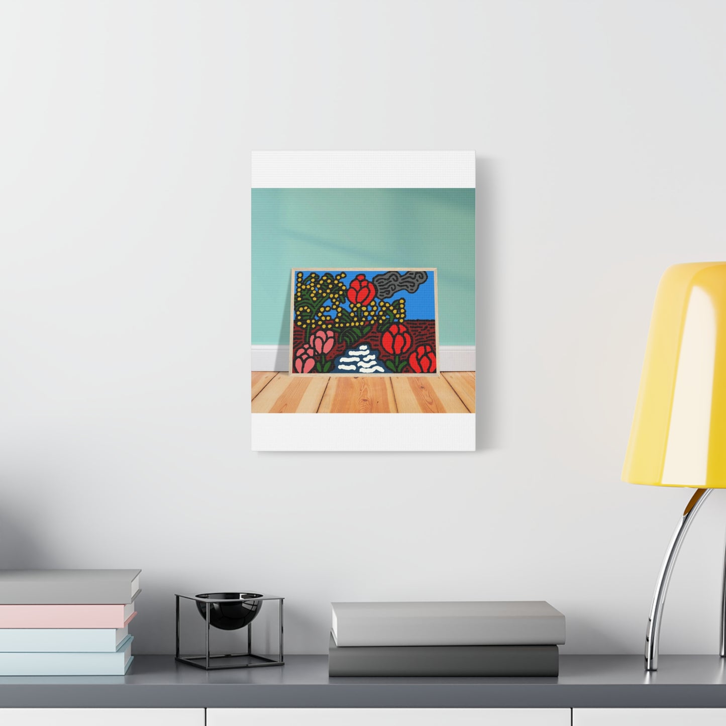 A field of tulips next to a wattle Canvas (Small)