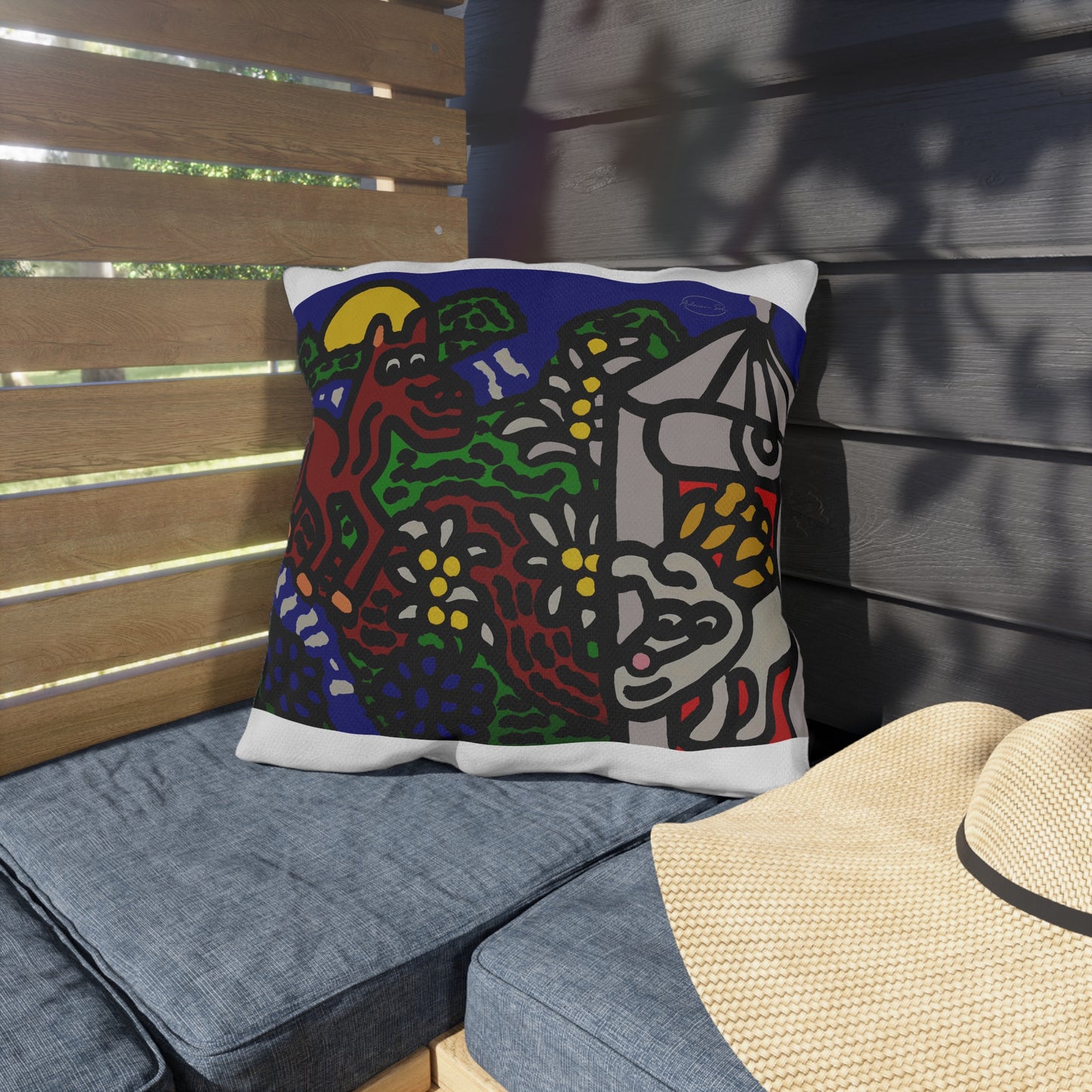 Bunny welcoming a friendly horse on his journey — Outdoor Pillow