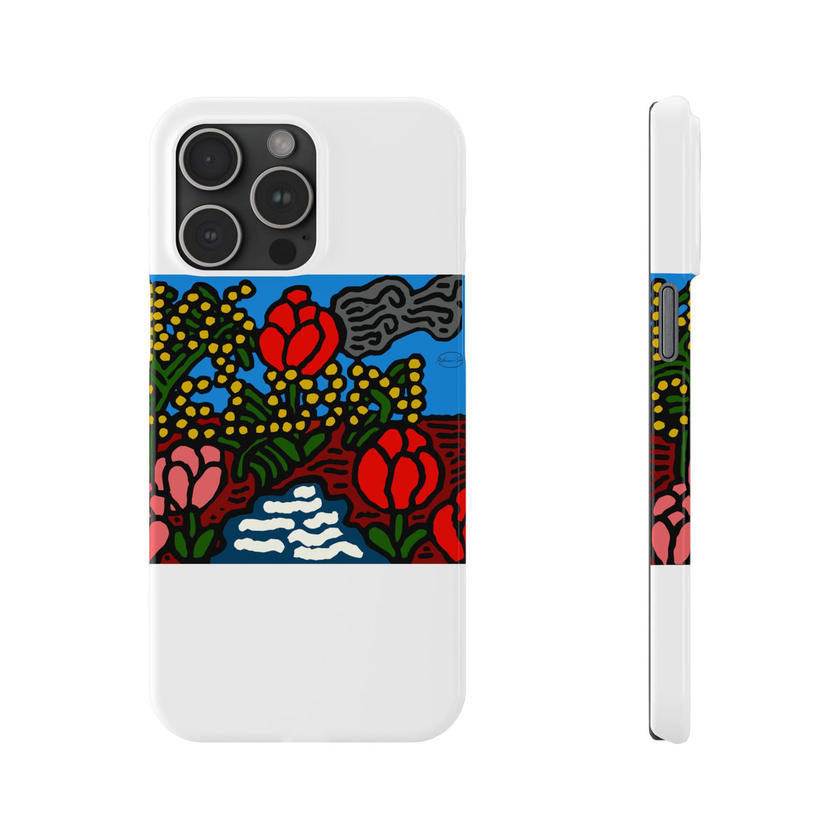 A field of tulips next to a wattle Slim Phone Case