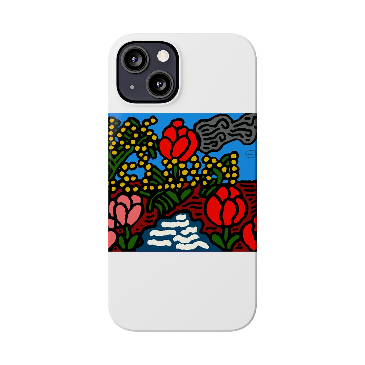 A field of tulips next to a wattle Slim Phone Case