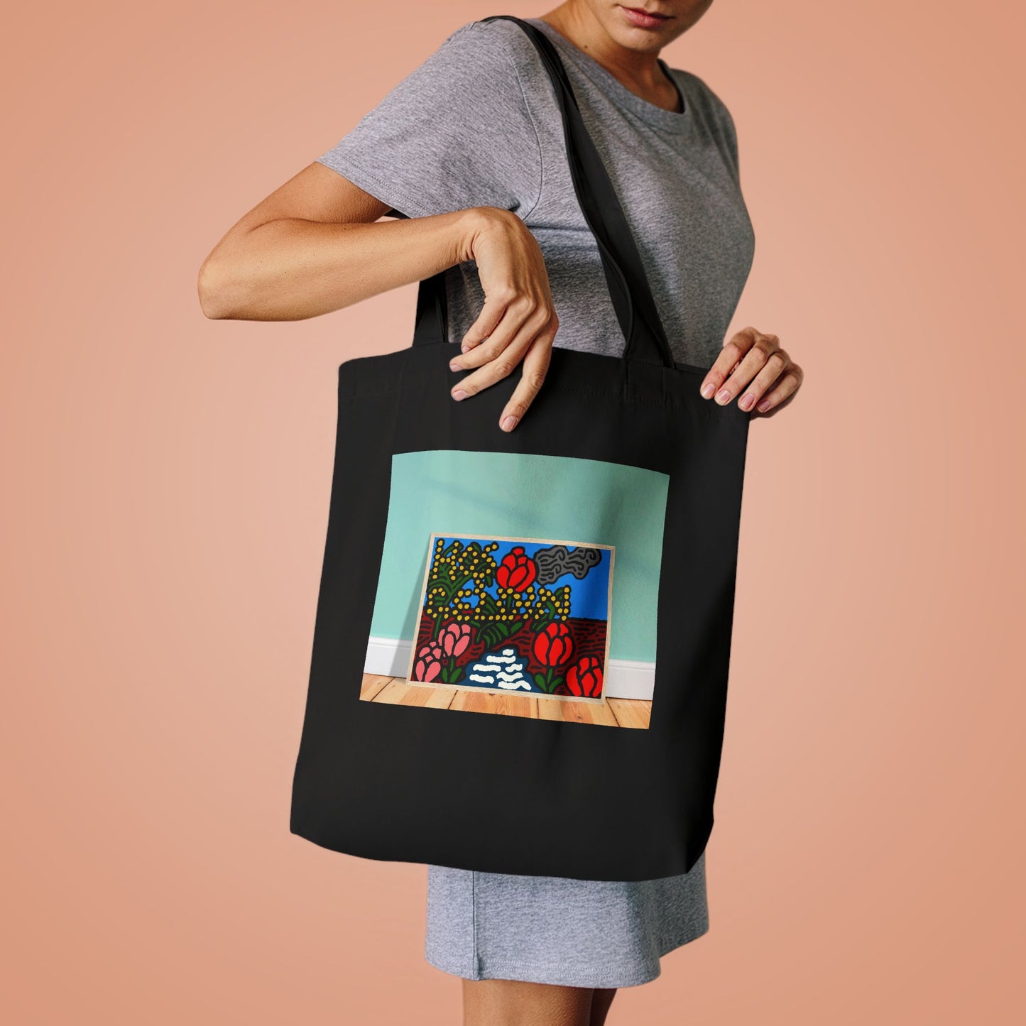 A field of tulips next to a wattle Classic Tote Bag