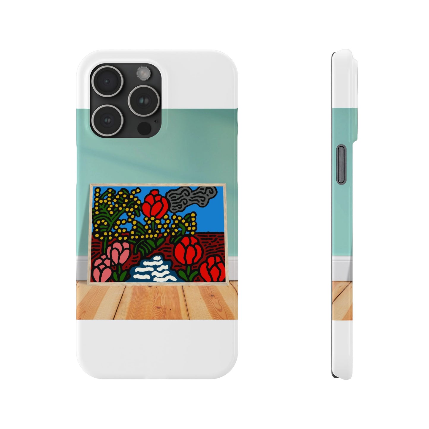 A field of tulips next to a wattle Slim Phone Case