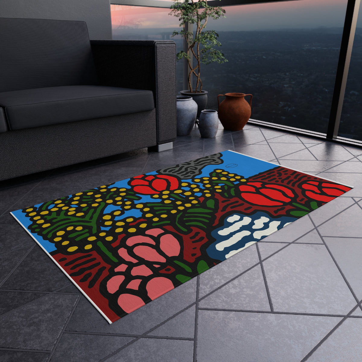 A field of tulips next to a wattle — Outdoor Rug