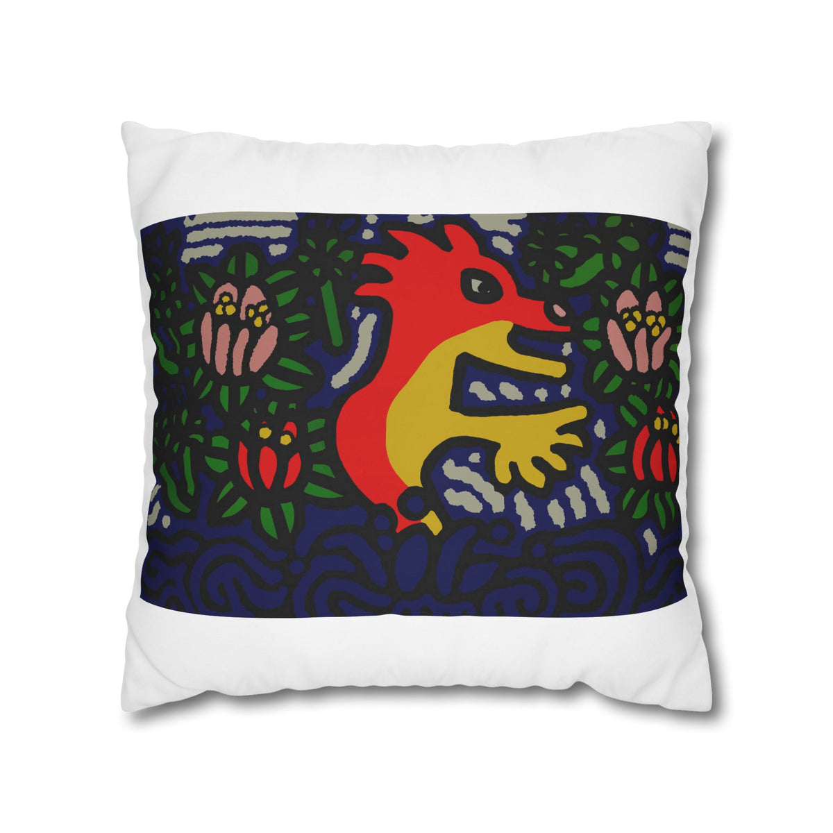 Colorful Folk Art Fox Throw Pillowcase — Square Poly Canvas Decorative Pillow Cover - Breaking through the surface of a lotus pond.