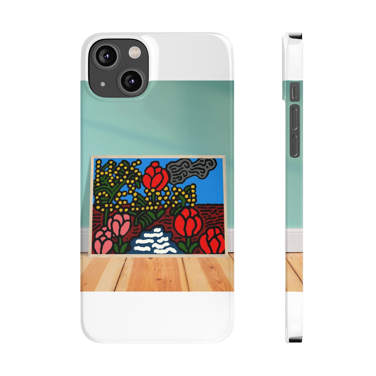 A field of tulips next to a wattle Slim Phone Case