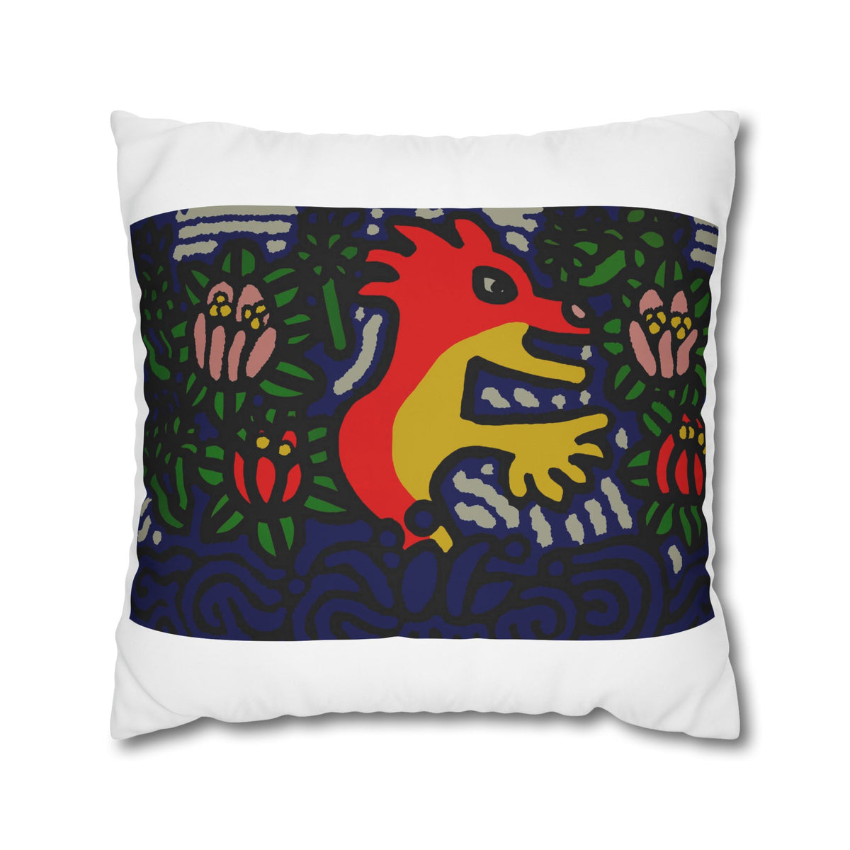 Colorful Folk Art Fox Throw Pillowcase — Square Poly Canvas Decorative Pillow Cover - Breaking through the surface of a lotus pond.