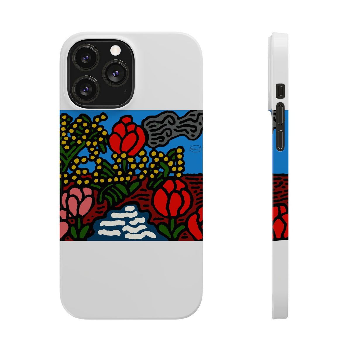 A field of tulips next to a wattle Slim Phone Case