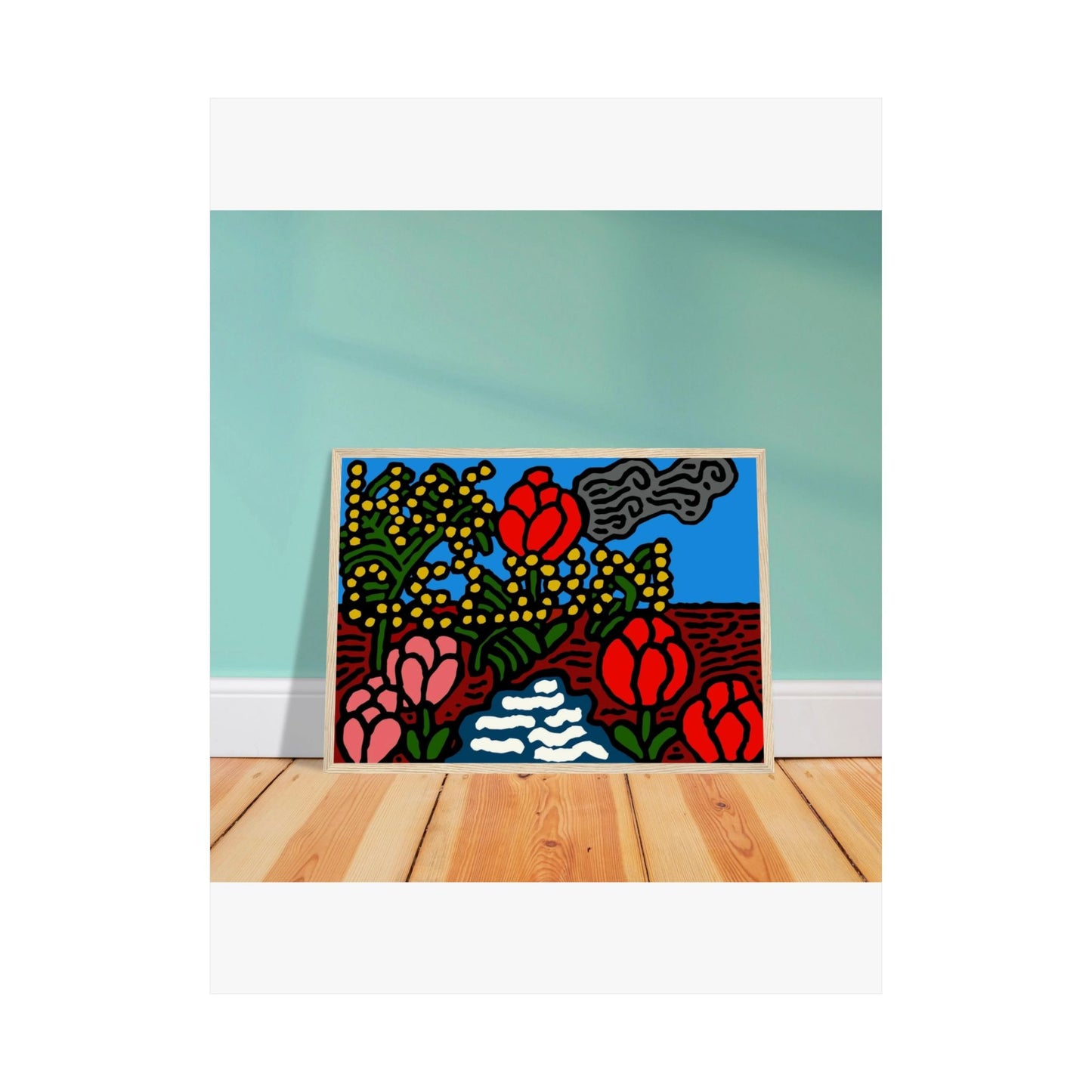 A field of tulips next to a wattle Matte Poster Vertical (Large)