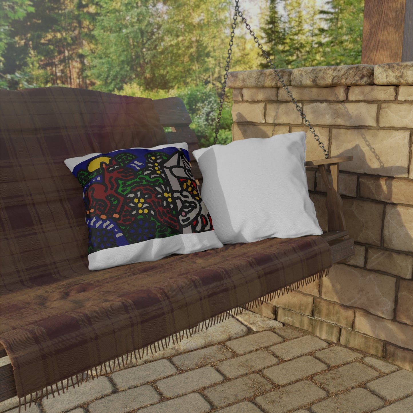 Bunny welcoming a friendly horse on his journey — Outdoor Pillow