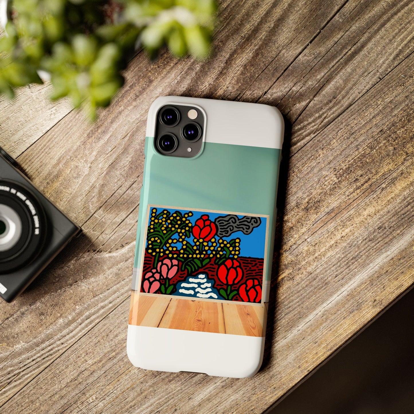 A field of tulips next to a wattle Slim Phone Case