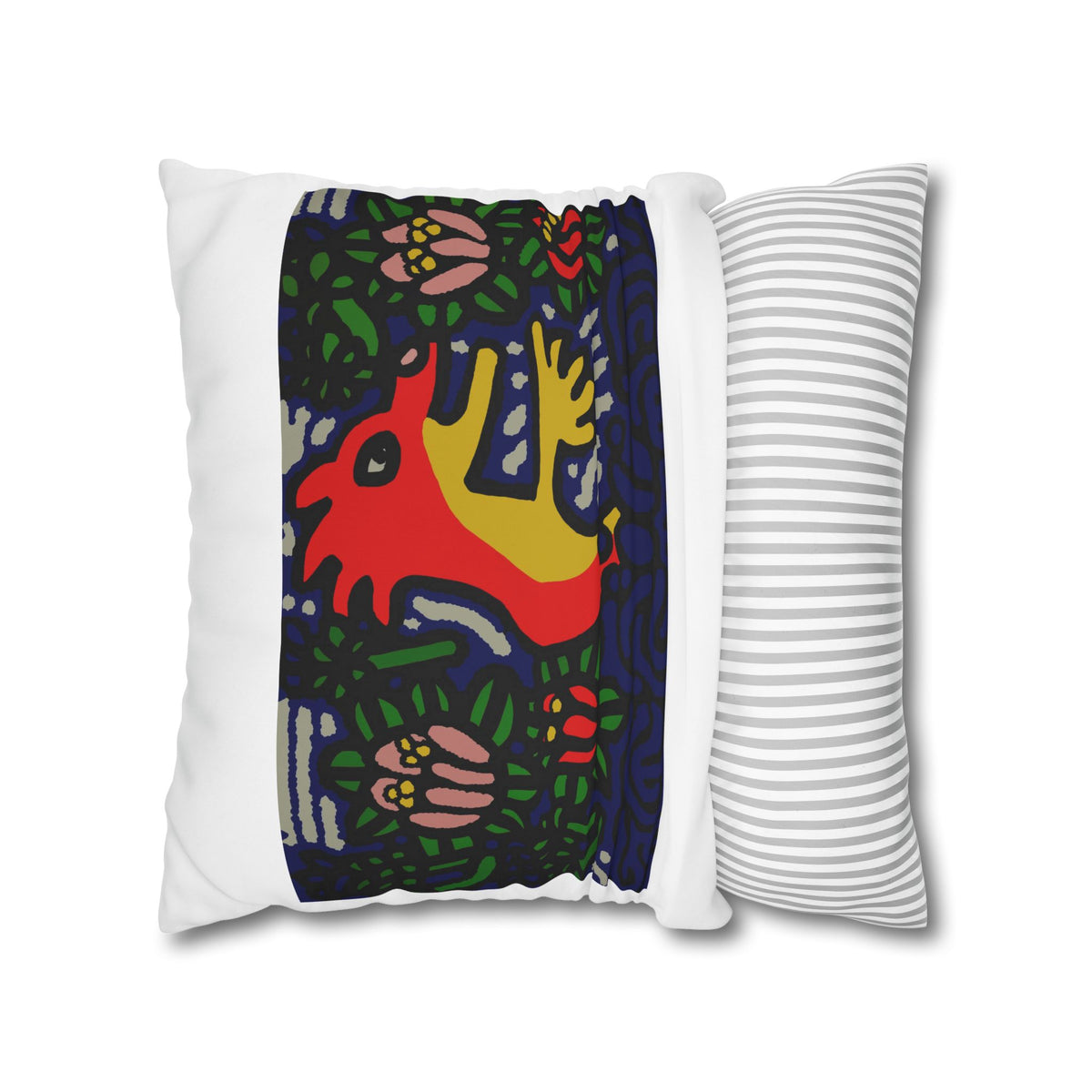 Colorful Folk Art Fox Throw Pillowcase — Square Poly Canvas Decorative Pillow Cover - Breaking through the surface of a lotus pond.