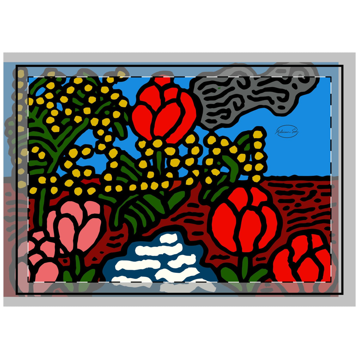 A field of tulips next to a wattle — Throw Pillow