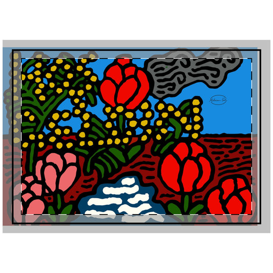 A field of tulips next to a wattle — Throw Pillow
