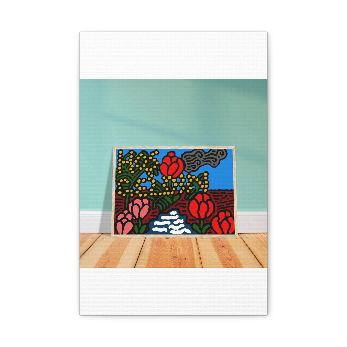 A field of tulips next to a wattle Canvas (Small)