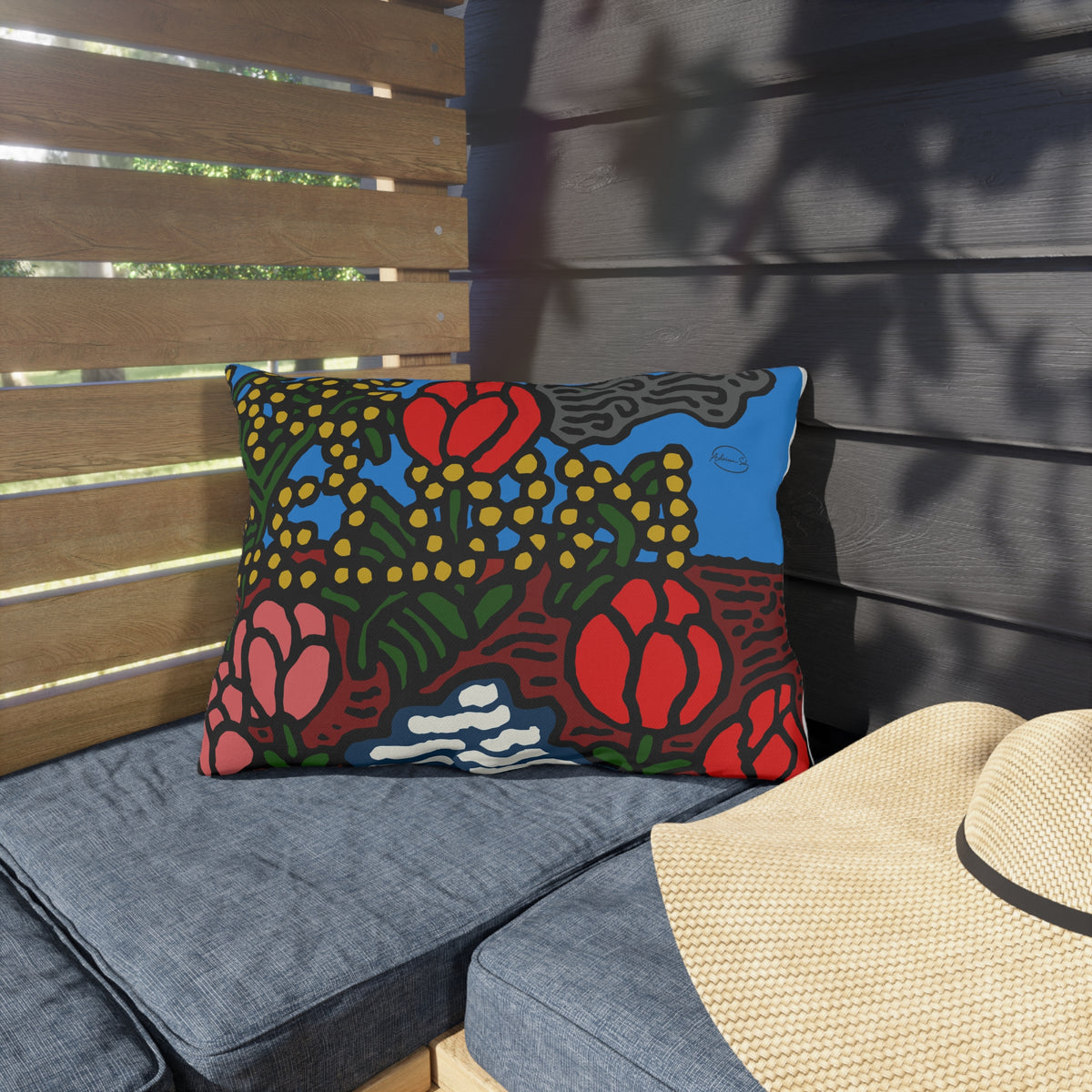 A field of tulips next to a wattle — Outdoor Pillow