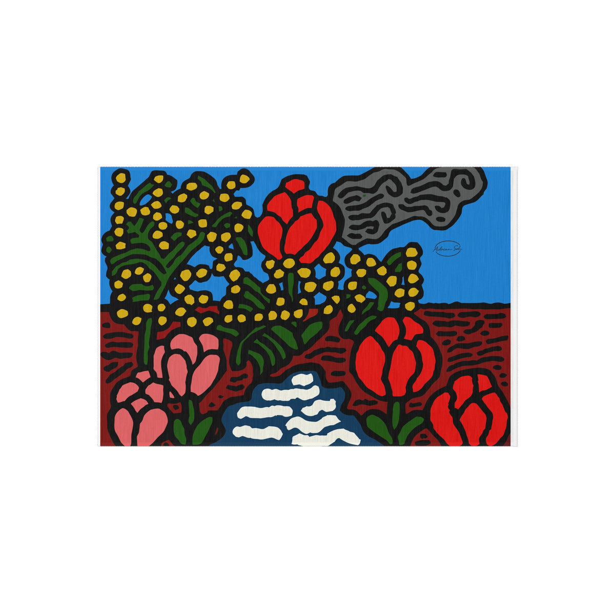 A field of tulips next to a wattle — Outdoor Rug