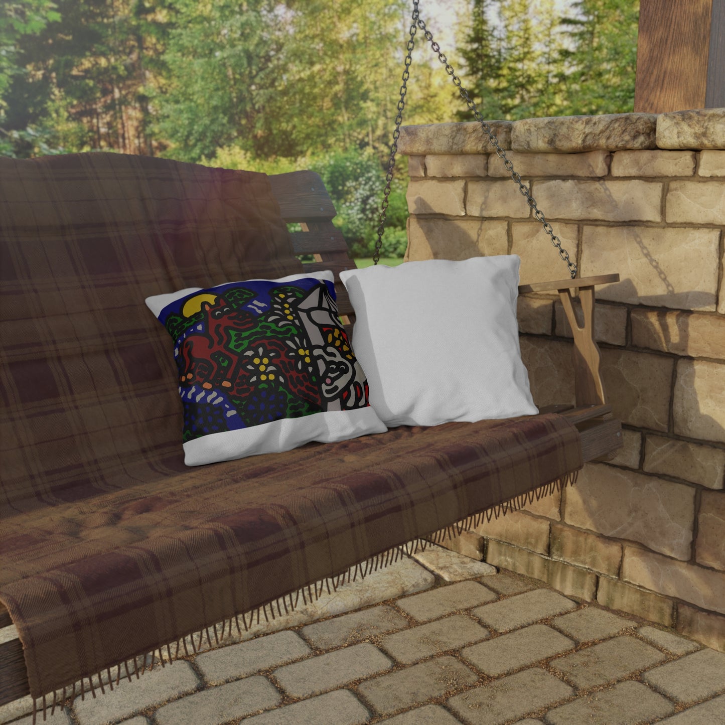 Bunny welcoming a friendly horse on his journey — Outdoor Pillow