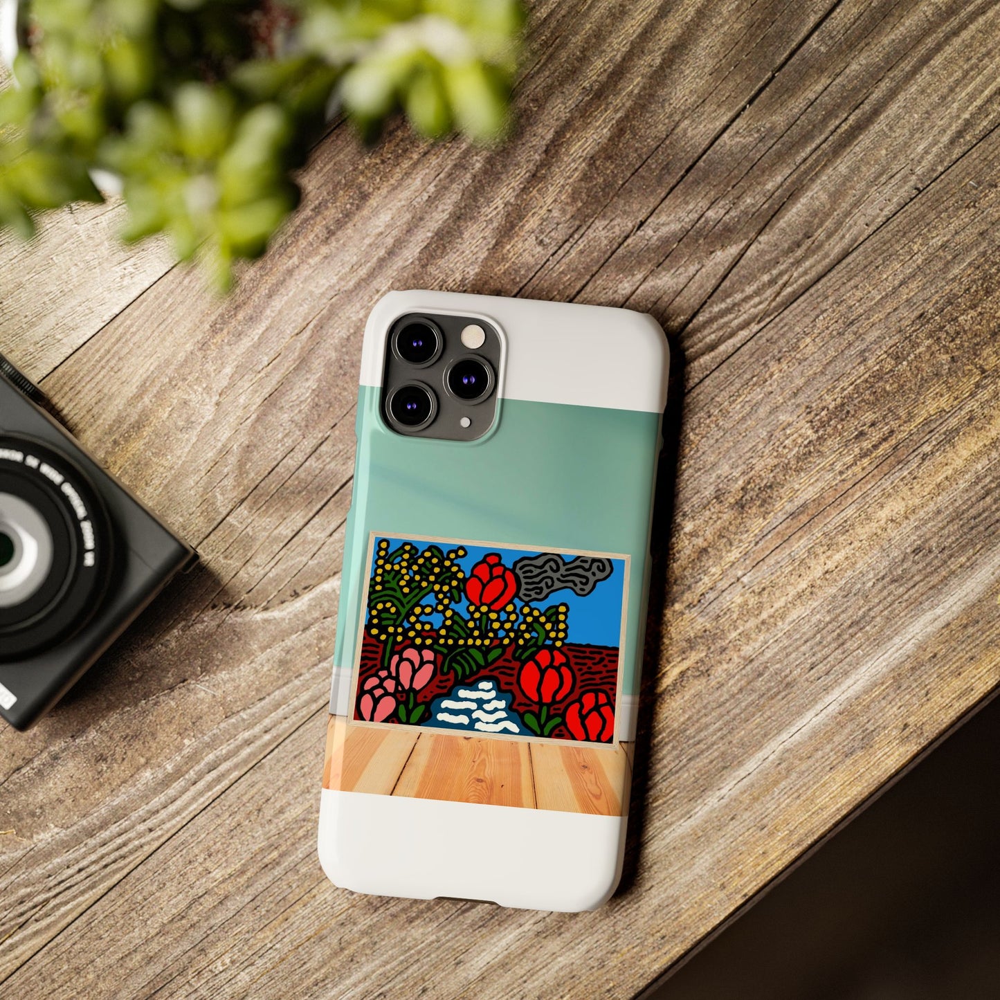 A field of tulips next to a wattle Slim Phone Case