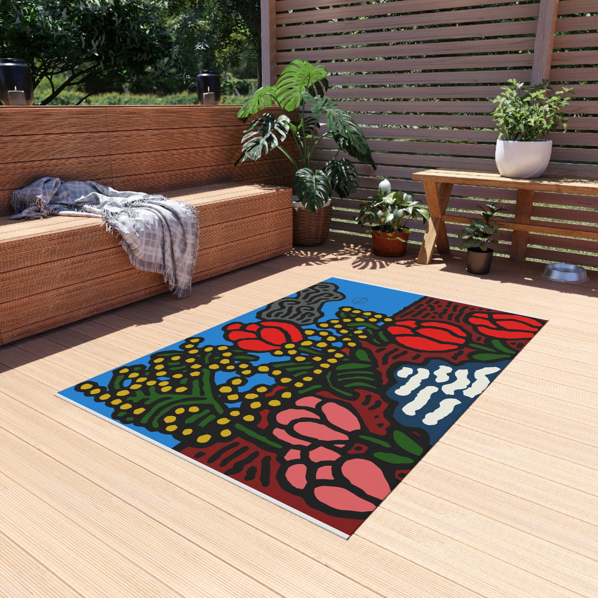 A field of tulips next to a wattle — Outdoor Rug