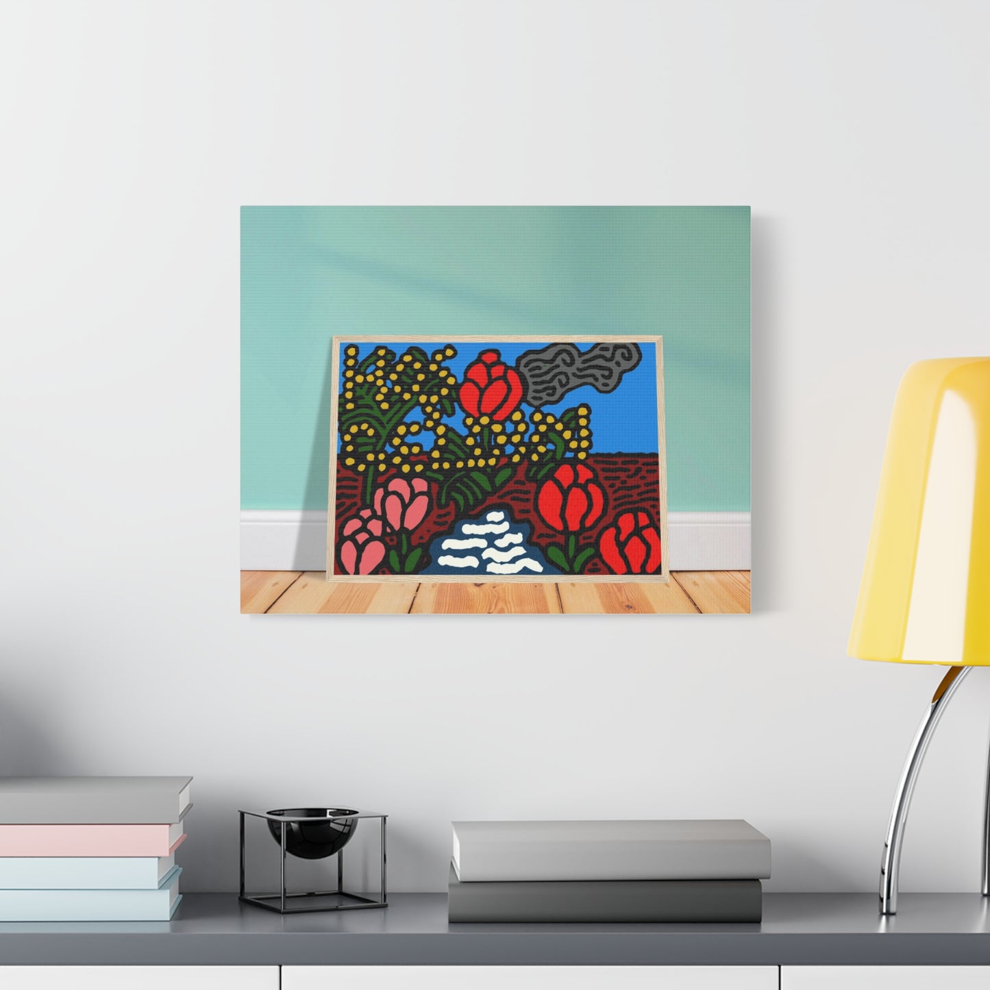 A field of tulips next to a wattle Canvas (Large)