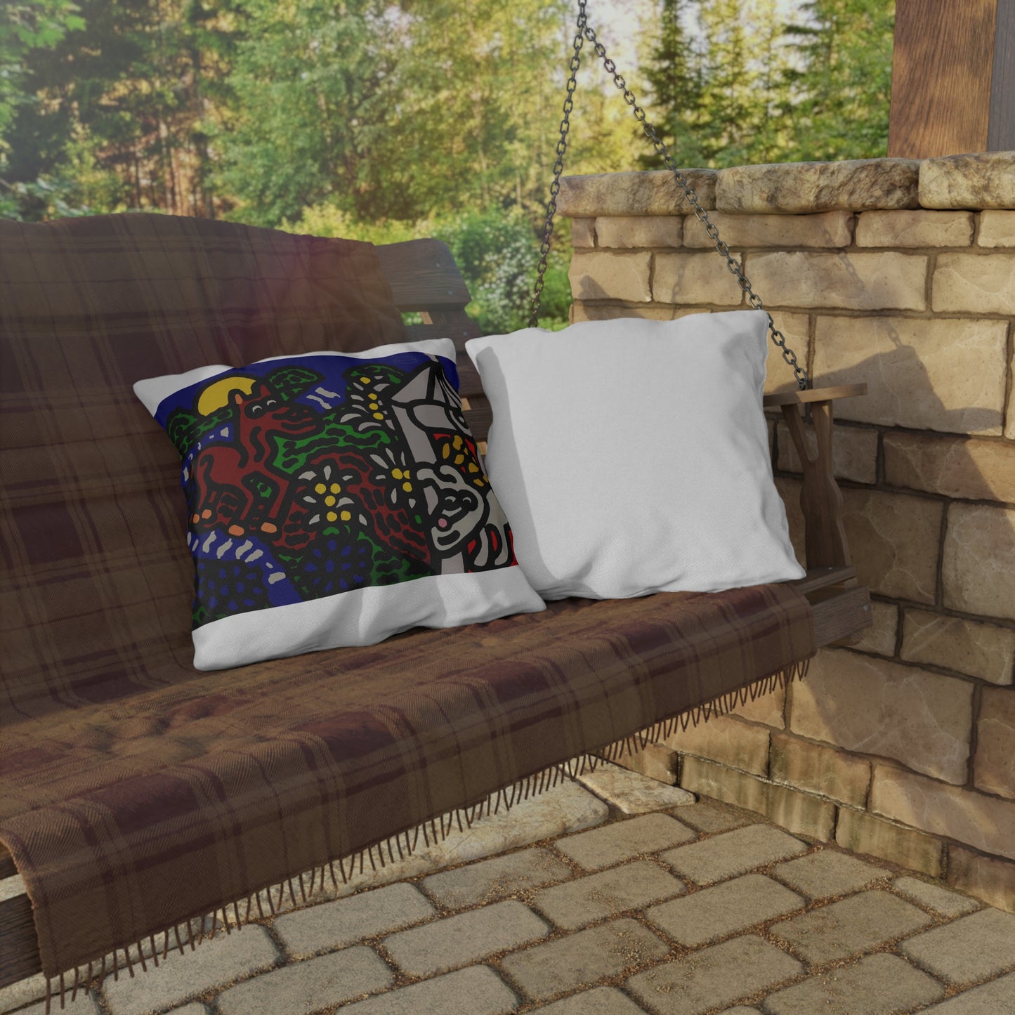 Bunny welcoming a friendly horse on his journey — Outdoor Pillow
