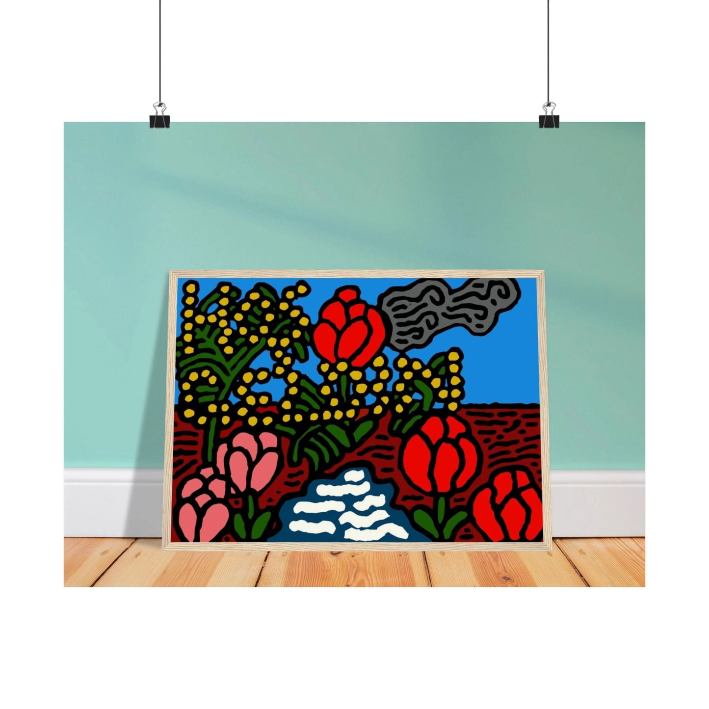 A field of tulips next to a wattle Matte Poster Horizontal (Small)